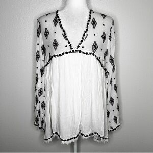 Free People Womens White Embroidered Hi-Low Smocked Boho Tunic Top Size S